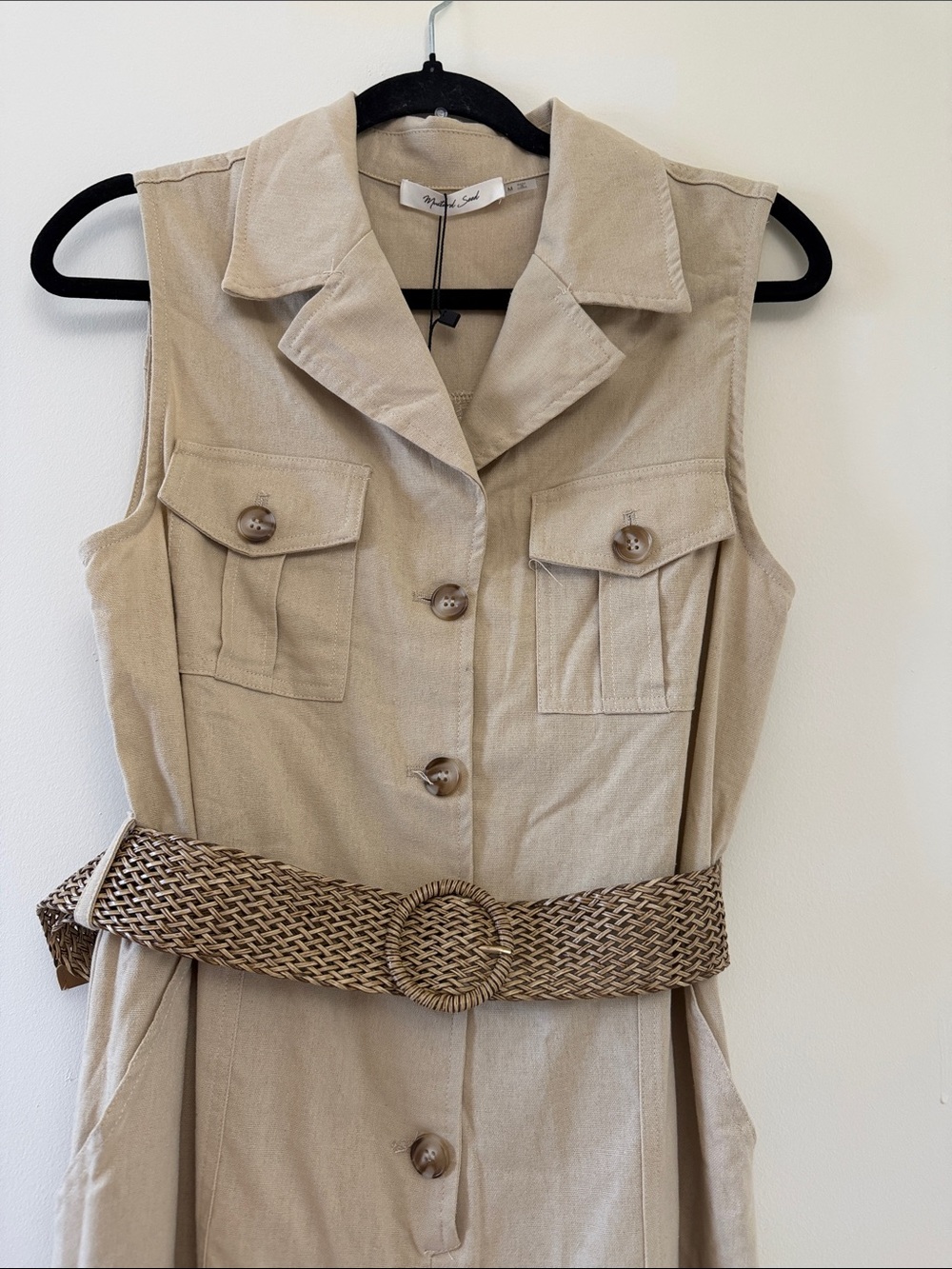Mustard Seed Sleeveless Khaki Utility Jumpsuit with Woven Belt - Picture 3 of 5